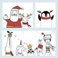 Hand drawn Santa Claus and animals enjoying a Christmas holiday