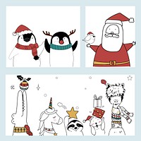 Hand drawn Santa Claus and animals enjoying a Christmas holiday