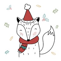 Hand drawn fox wearing a scarf and a hat in Christmas doodle style