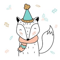 Hand drawn fox wearing a scarf and a hat in Christmas doodle style