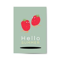 Hello summer with jumping strawberries cartoon character card vector
