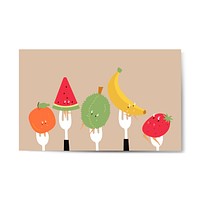 Fresh tropical fruit cartoon characters on forks vector