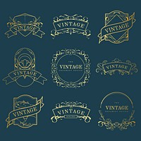 Set of vintage golden art nouveau badges on blue vector