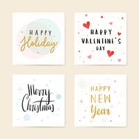 Festive seasonal cards with typography vectors