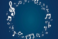 White music notes round badge on blue background vector