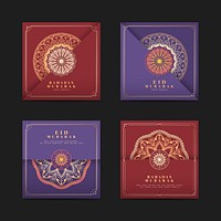 Red and purple Eid Mubarak postcards vector set