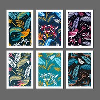Colorful birds in nature seamless patterned backgrounds set vector