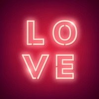 Neon light love word on red background