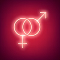 Neon light sex symbol on red background