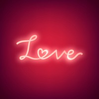 Neon light love word on red background