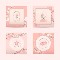 Pink cherry blossom postcard template vector