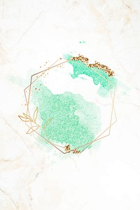 Gold hexagon frame on green watercolor background vector