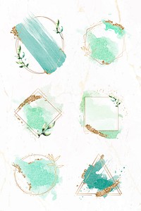 Gold frames on green watercolor background vector collection