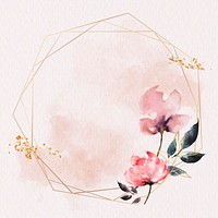 Gold hexagon frame on pink watercolor background vector