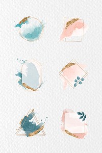 Gold frames on green and pink watercolor background vector collection