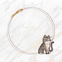 Domestic cat lover round frame on white marble vector background