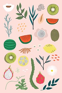 Fruit and vegetable elements on a pink background vector