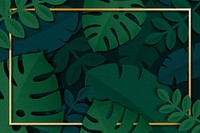 Rectangle gold frame on a dark green tropical leaves patterned background vector