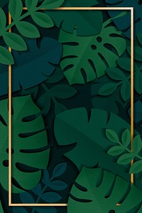 Rectangle gold frame on a dark green tropical leaves patterned background vector