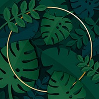 Round gold frame on a dark green tropical leaves patterned background vector