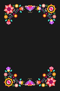 Flower and insect folk design element frame on black background vector