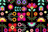 Flowers folk art patterned on black background vector