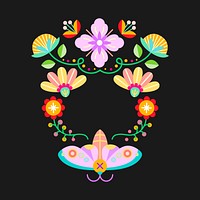 Flower and insect folk design elements on black background vector