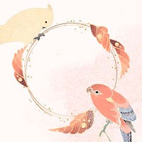 Gold frame with a parrot, a macaw, and leaf motifs on a white and pink background vector