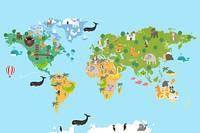 Illustration of a world map with landmarks and animals