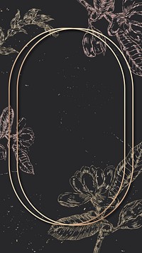 Blank oval golden frame with an outline flowers decoration on black background mobile phone wallpaper