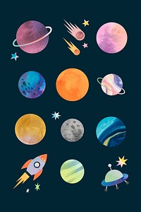 Colorful galaxy watercolor doodle on black background vector