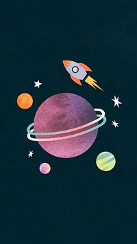 Colorful galaxy watercolor doodle with a rocket on black background mobile phone wallpaper vector