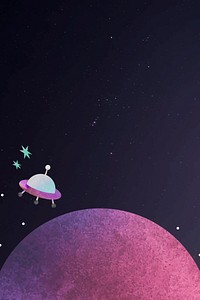 Colorful space watercolor doodle with an UFO on black background vector