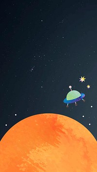 Colorful space watercolor doodle with an UFO on black background mobile phone wallpaper vector