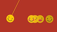 Round yellow emoticon in happy moods swing isolated on red background vector