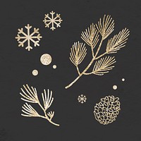 Glittery Christmas tree plants with snowflakes on black background vector