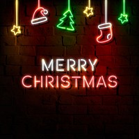 Stars, Santa hat, stocking, pine tree and Merry Christmas neon sign on a dark brick wall vector