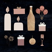 New Year pillar candles, wine bottle, gift boxes, balloons, wine glass, gold ball and fireworks doodle on black textured background vector