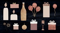 New Year pillar candles, wine bottle, gift boxes, balloons, wine glass, gold ball and fireworks doodle on black textured background vector