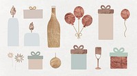 New Year pillar candles, wine bottle, gift boxes, balloons, wine glass, gold ball and fireworks doodle on textured background vector