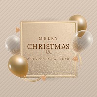 Merry Christmas and a Happy New Year sign with gold balloons frame design vector