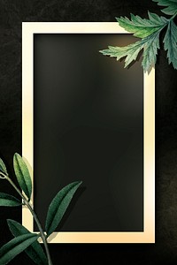 Rectangle gold frame with green leaves on black background vector