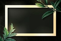 Rectangle gold frame with green leaves on black background vector