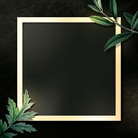Square gold frame with green leaves on black background vector