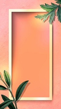 Rectangle gold frame with green leaves on orange background vector