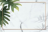 Gold frame with philodendron radiatum leaf pattern on white marble background vector