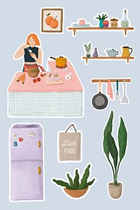 Daily routine life of a girl cooking in a kitchen and home stuffs sticker