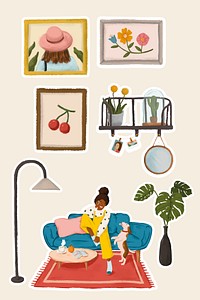 Daily routine life of a girl with her dog and home stuffs sticker vector