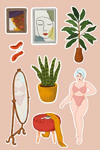 Daily routine life of a girl in lingerie after shower and home stuffs sticker vector