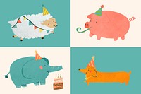 Festive animals doodle element set vector
